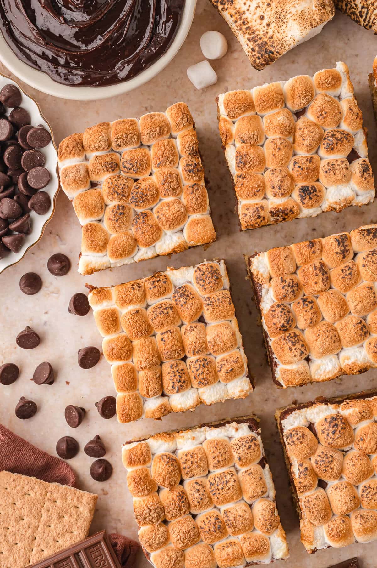 Pieces of s'mores cake surrounded by ingredients.