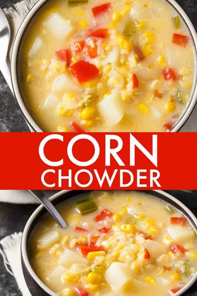 Corn Chowder - The best summer soup recipe ever! Sweet corn with potatoes and red bell pepper in a slightly spicy broth with creamed corn, too!