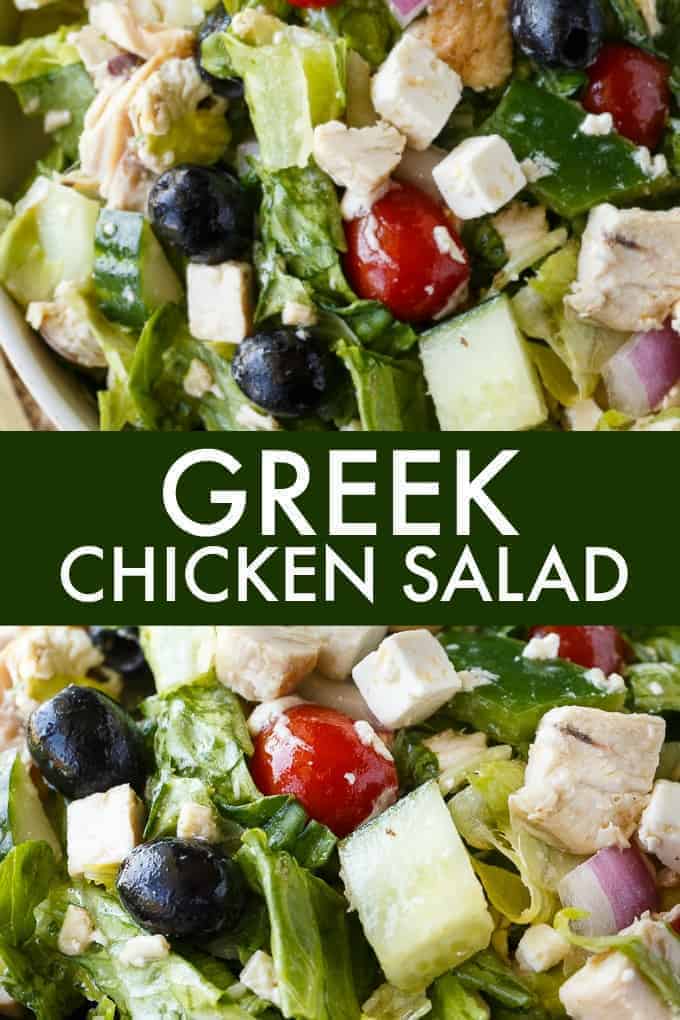 Greek Chicken Salad - This delicious salad is a meal on its own! It's loaded with chicken, fresh veggies, black olives, feta cheese and a Greek vinaigrette.