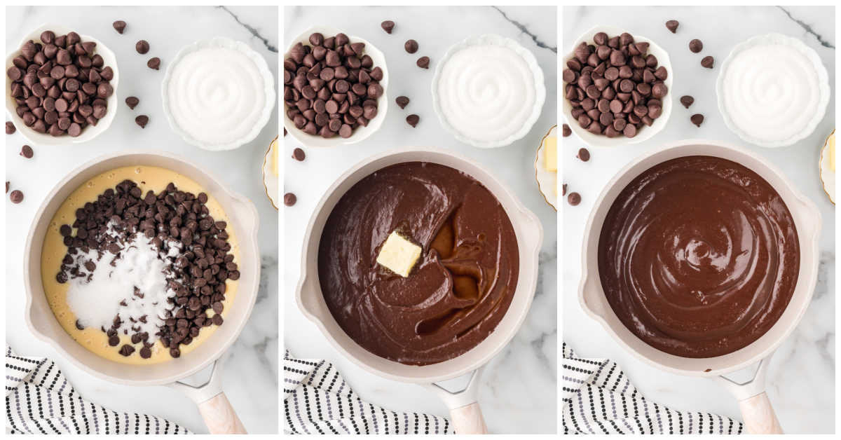 Collage of mixing and cooking ingredients in a pot.