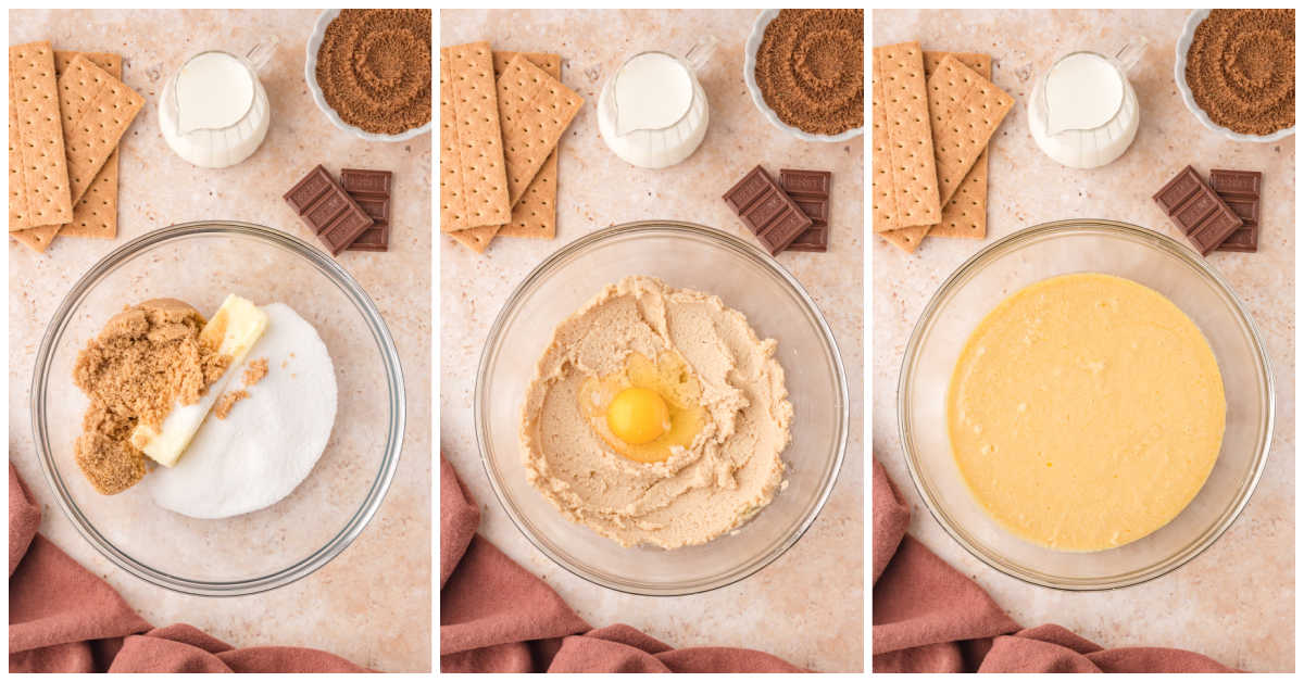 Collage of mixing ingredients in a bowl.