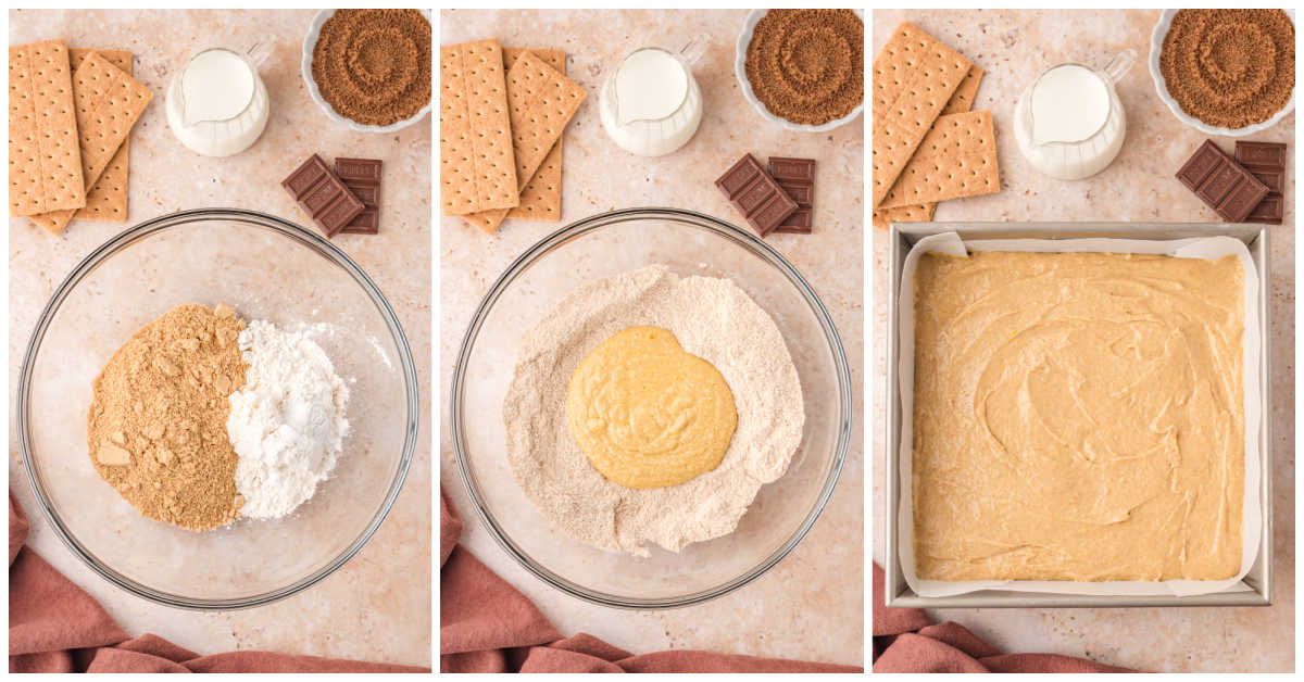 Collage of mixing ingredients in a bowl and adding to a baking pan.