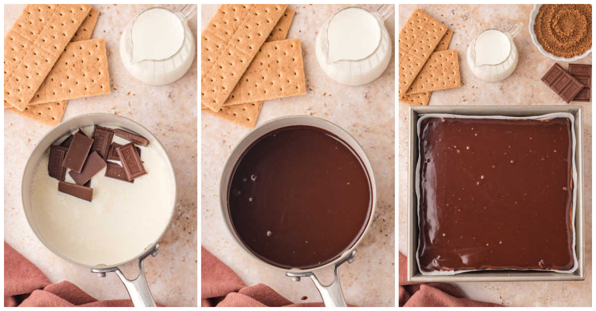 Collage of making the ganache in a pot and adding to the baking pan.