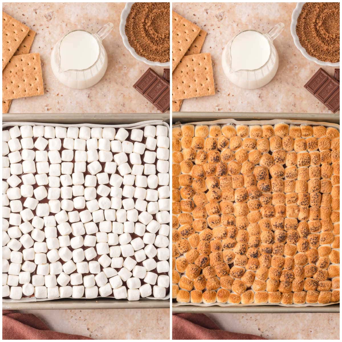 Collage of topping with marshmallows and toasting in the oven.