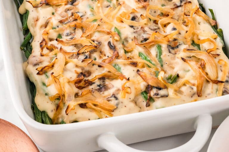 Green bean casserole in white pan.