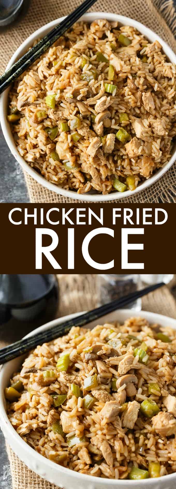Chicken Fried Rice - Skip the takeout and make this homemade side dish! Tender rice is loaded with veggies, spices, and, of course, pieces of chicken in every bite. A must-make rice recipe.