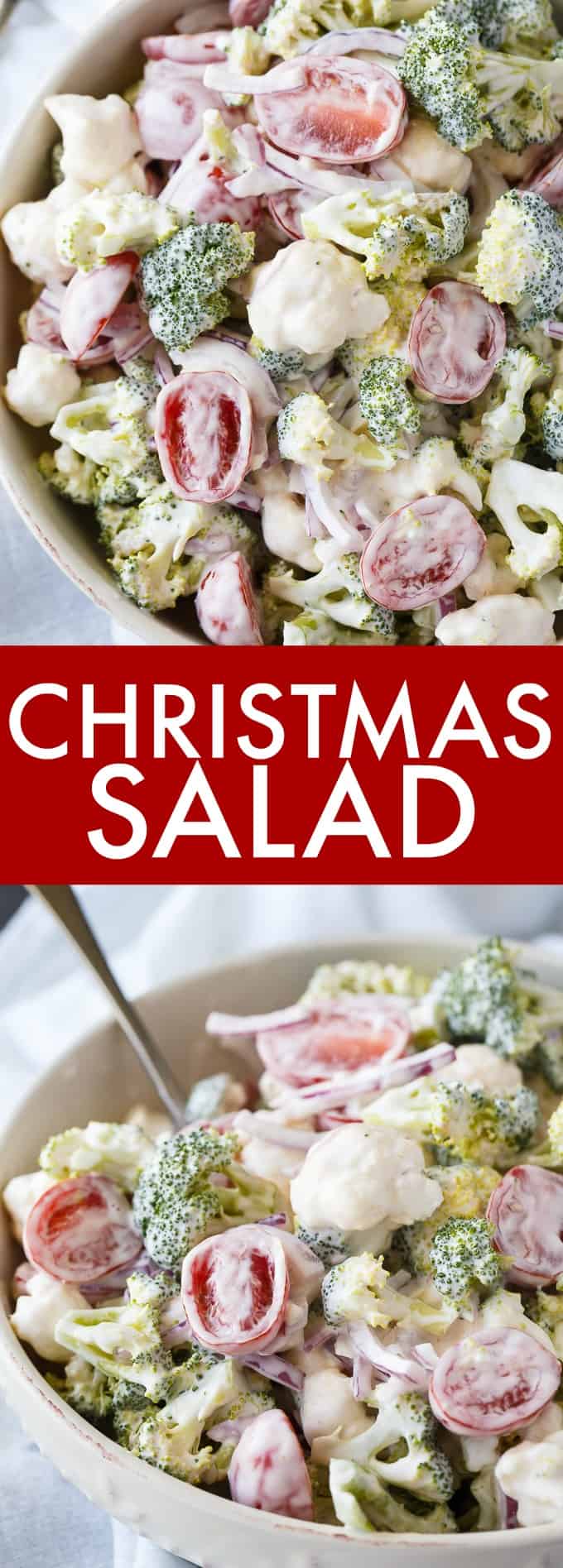 Christmas Salad - Contains all the colors of Christmas! This fresh, bright salad is made with broccoli, cauliflower, red onion and cherry tomatoes mixed with a creamy dressing.