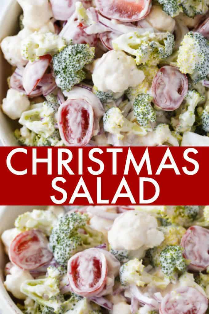 Christmas Salad - Contains all the colors of Christmas! This fresh, bright salad is made with broccoli, cauliflower, red onion and cherry tomatoes mixed with a creamy dressing.