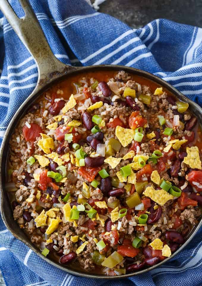 Texas Beef Skillet - An easy meal made in one pan! It's hearty and filling with the flavors of chili and rice.