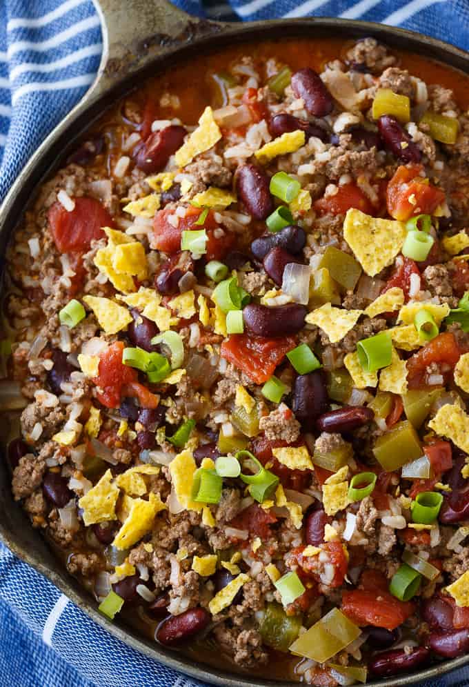 Texas Beef Skillet - An easy meal made in one pan! It's hearty and filling with the flavors of chili and rice.