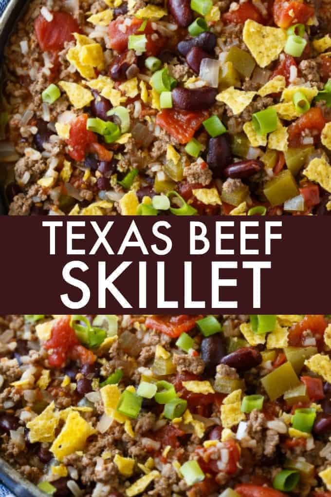 Texas Beef Skillet - An easy meal made in one pan! It's hearty and filling with the flavors of chili and rice.