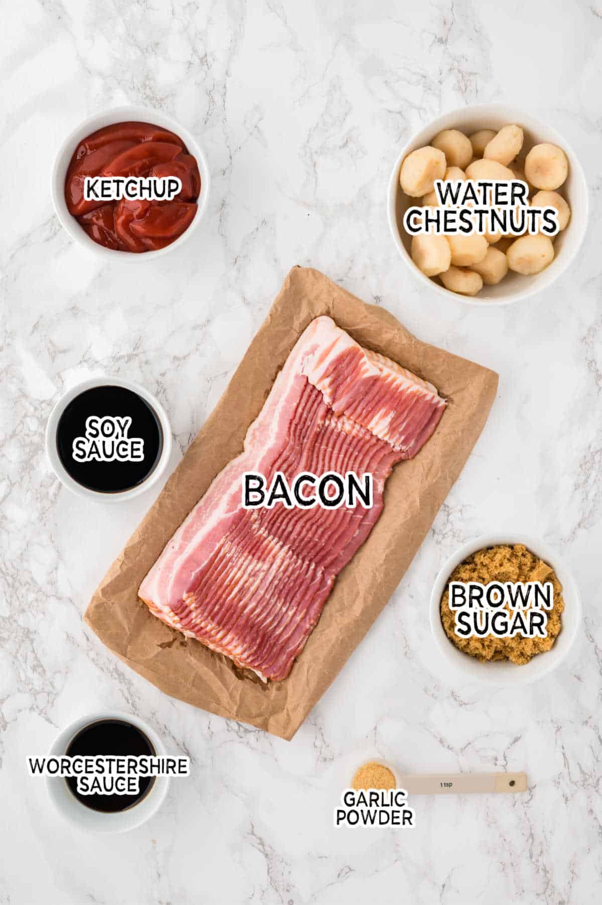 Ingredients to make bacon wrapped water chestnuts.