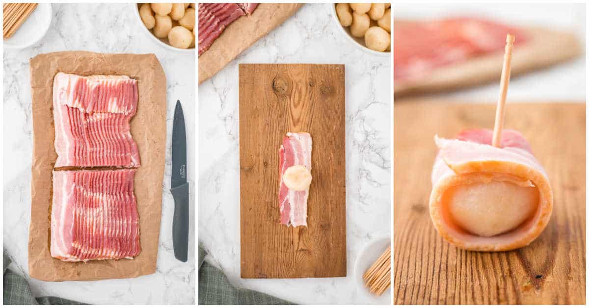 Steps to make bacon wrapped water chestnuts.