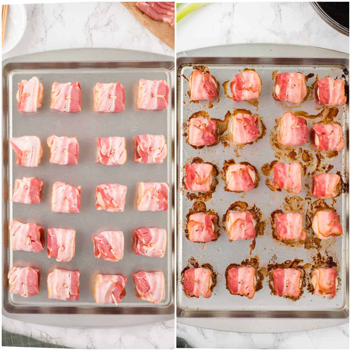 Steps to make bacon wrapped water chestnuts.