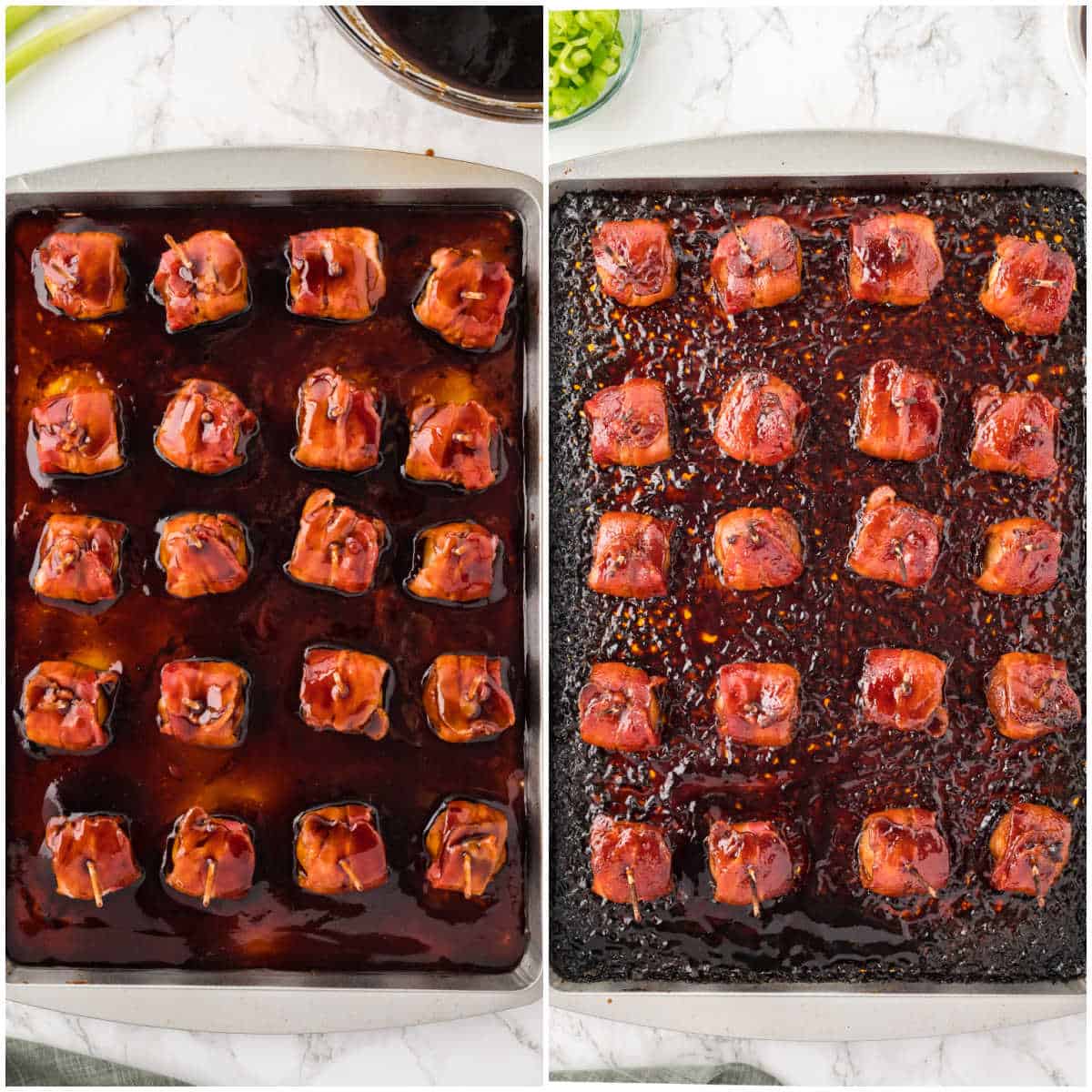 Steps to make bacon wrapped water chestnuts.