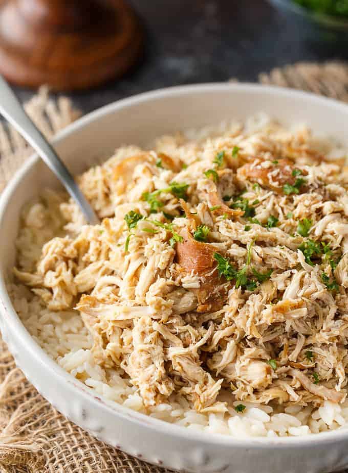 Brown Sugar Chicken - Add a little sugar to your dinner! This shredded chicken in the Crockpot is so delicious with brown sugar, garlic, soy sauce, white wine vinegar, and lemon-lime soda.