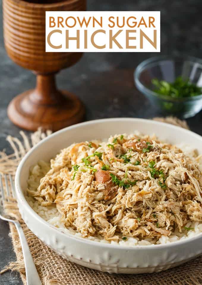 Brown Sugar Chicken - Add a little sugar to your dinner! This shredded chicken in the Crockpot is so delicious with brown sugar, garlic, soy sauce, white wine vinegar, and lemon-lime soda.