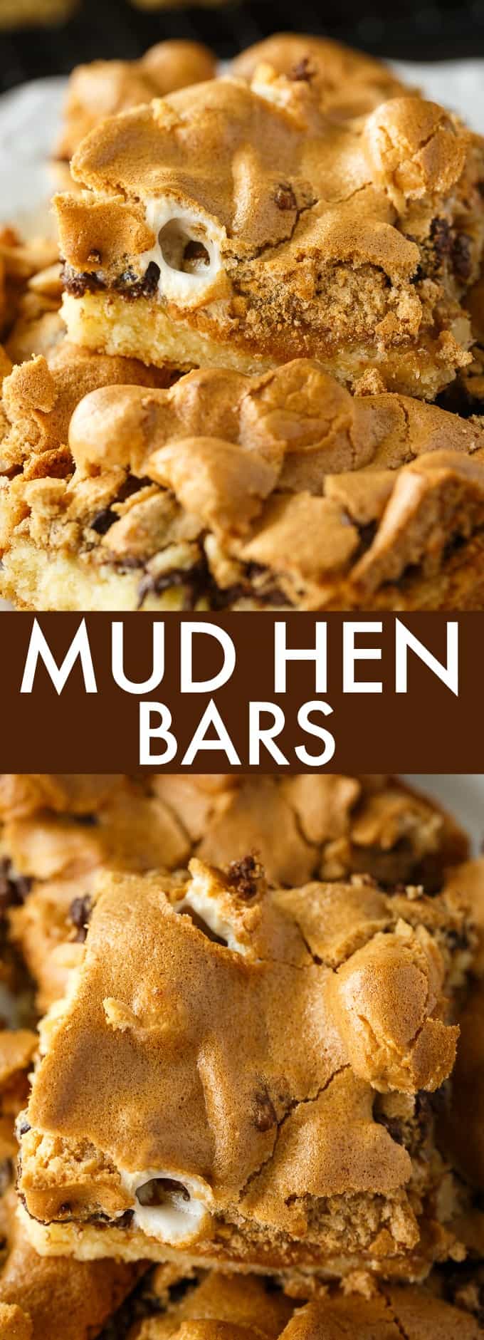 Mud Hen Bars - A vintage dessert from Grandma's cookbook. It has a cookie bar base, topped with a rich layer of walnuts, chocolate and melted marshmallows followed by a sweet brown sugar meringue topping.