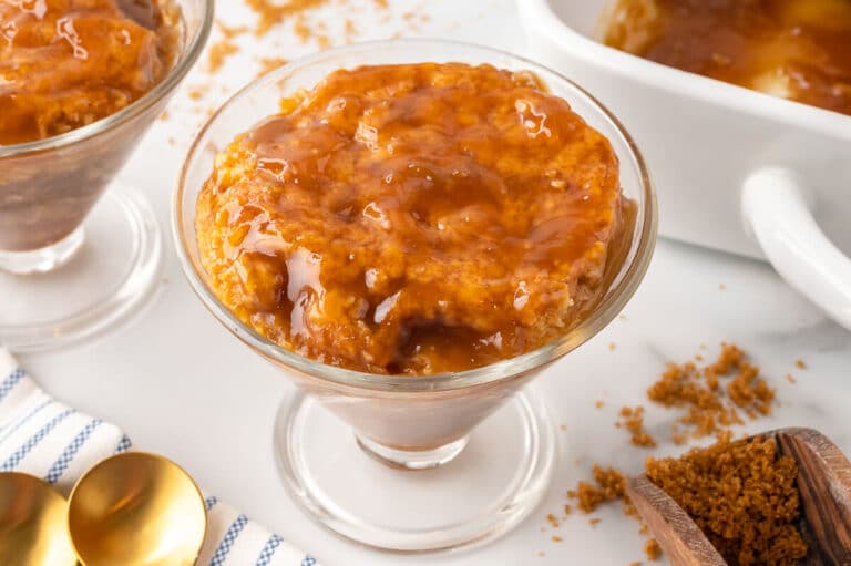 Half hour pudding in a dessert dish.