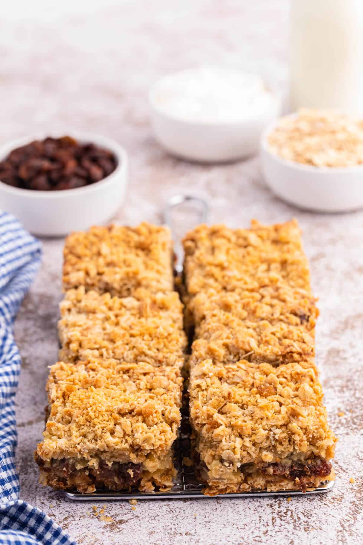 Sour cream raisin bars cut into squares on a wire rack.