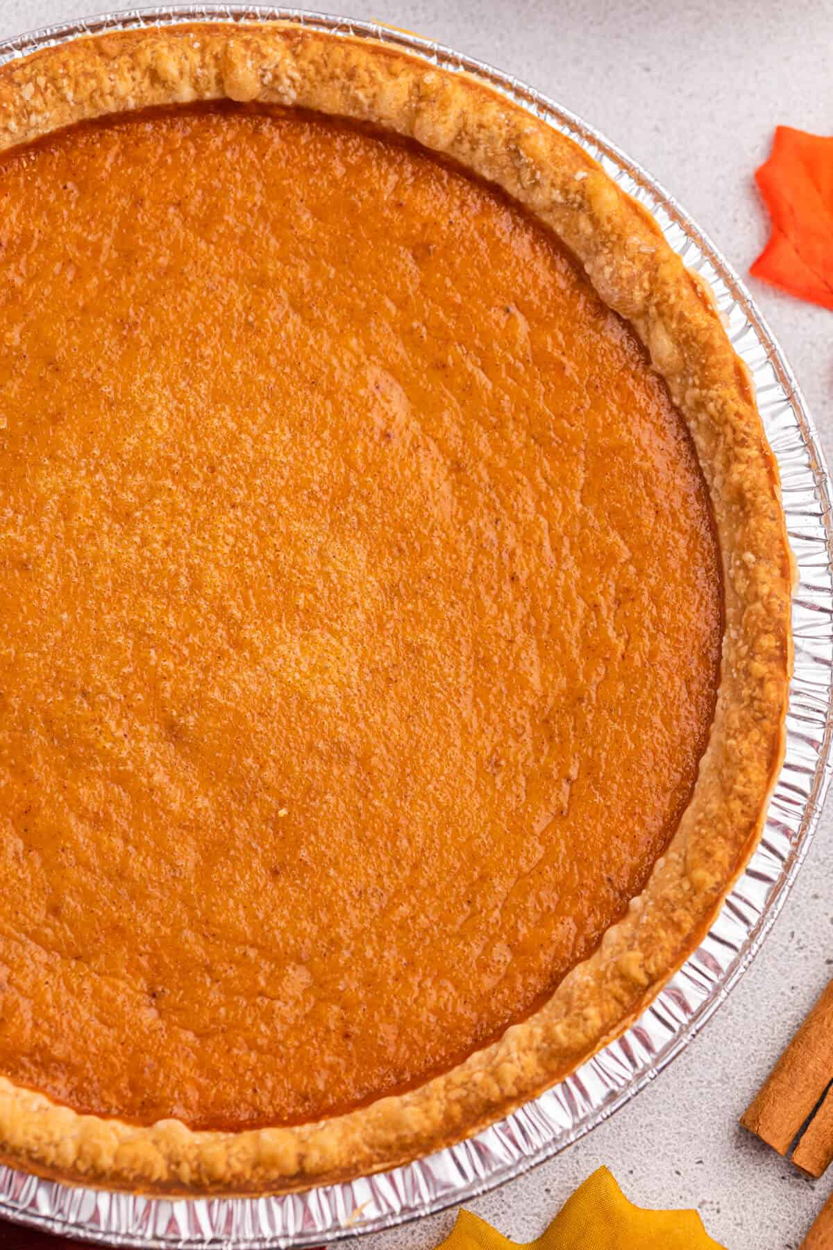 Overhead view of a sweet potato pie.