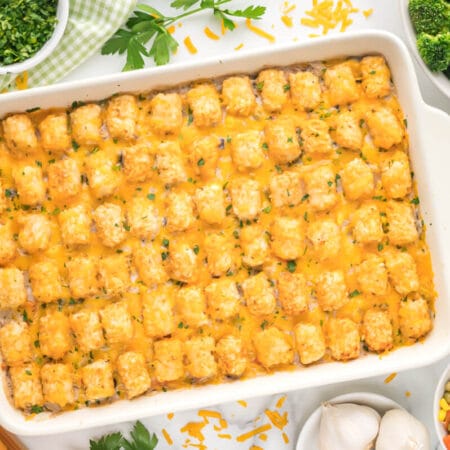 The recipe in a white pan.