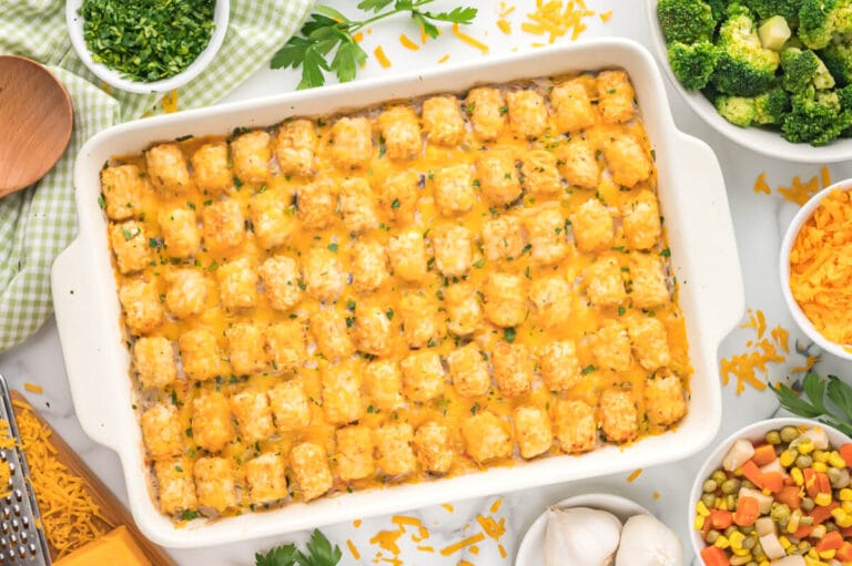 The recipe in a white pan.