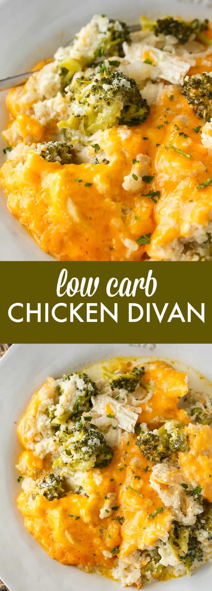 Low Carb Chicken Divan - This comforting casserole has a creamy sauce made with chicken, broccoli, cheddar cheese and cauliflower rice. You won't even miss the extra carbs.