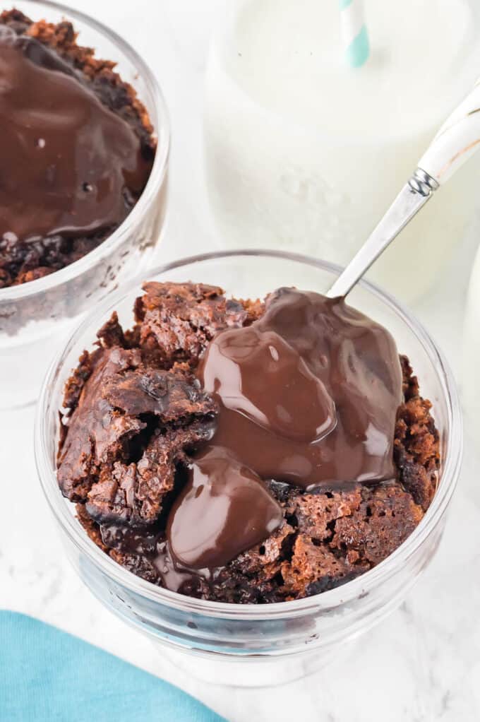 A bowl of hot fudge pudding cake in a bowl.