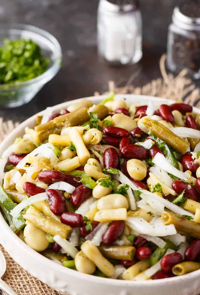 Bean Salad - A delicious, fiber-packed side dish. Made with four types of beans and a homemade vinegar and mustard dressing.