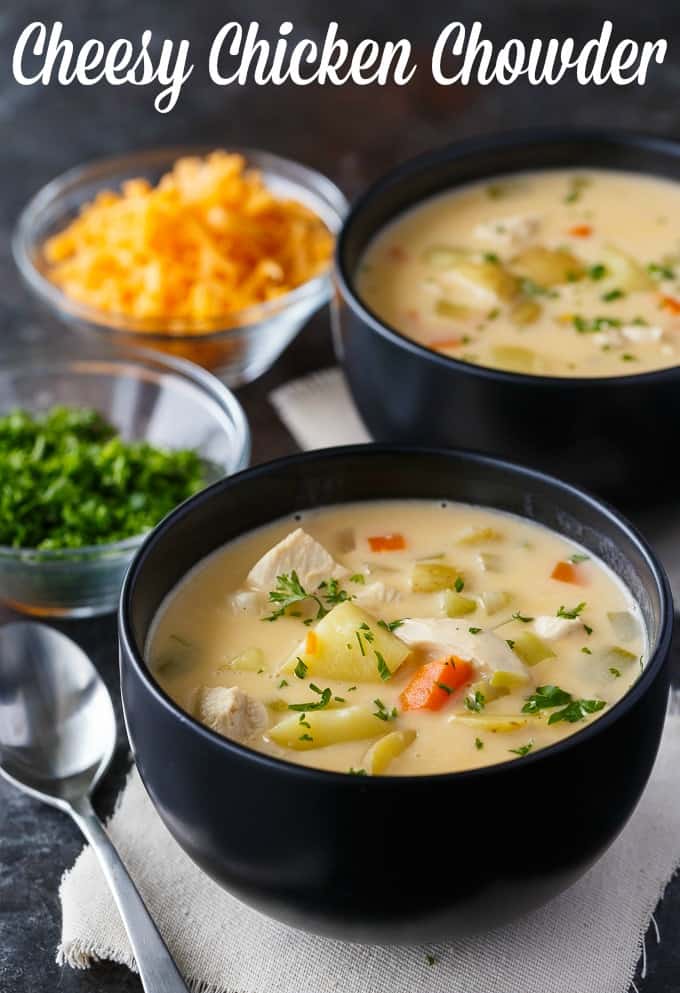 Cheesy Chicken Chowder - Hearty and delicious! This creamy chowder is loaded with chicken, potatoes, carrots and lots of cheese.