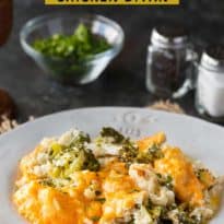 Low Carb Chicken Divan - This comforting casserole has a creamy sauce made with chicken, broccoli, cheddar cheese and cauliflower rice. You won't even miss the extra carbs.