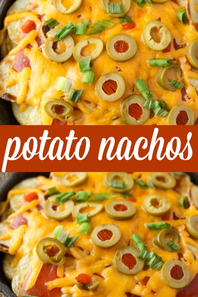Potato Nachos - Crispy, flavorful potatoes loaded with taco sauce, green olives, green onions and lots of melty cheddar cheese. The perfect appetizer!