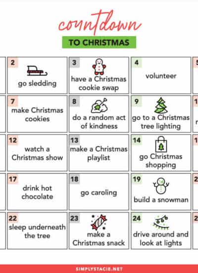 Countdown to Christmas Free Printable - Get into the holiday spirit with this list of daily activities to do in December leading up to Christmas.