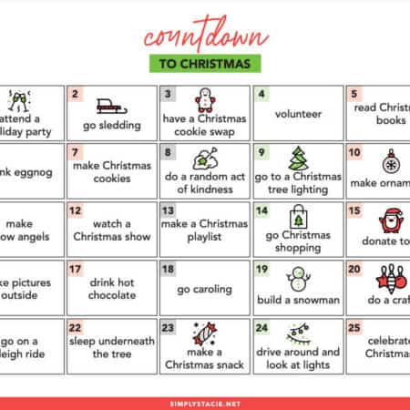 Countdown to Christmas Free Printable - Get into the holiday spirit with this list of daily activities to do in December leading up to Christmas.
