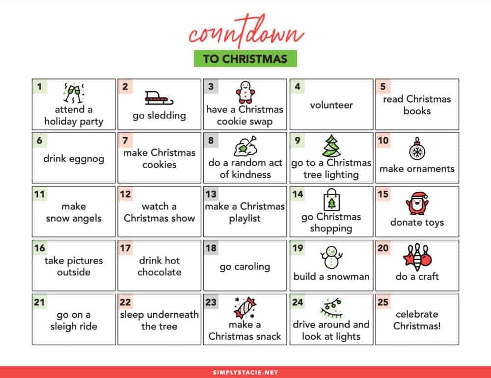 Countdown to Christmas Free Printable - Get into the holiday spirit with this list of daily activities to do in December leading up to Christmas.