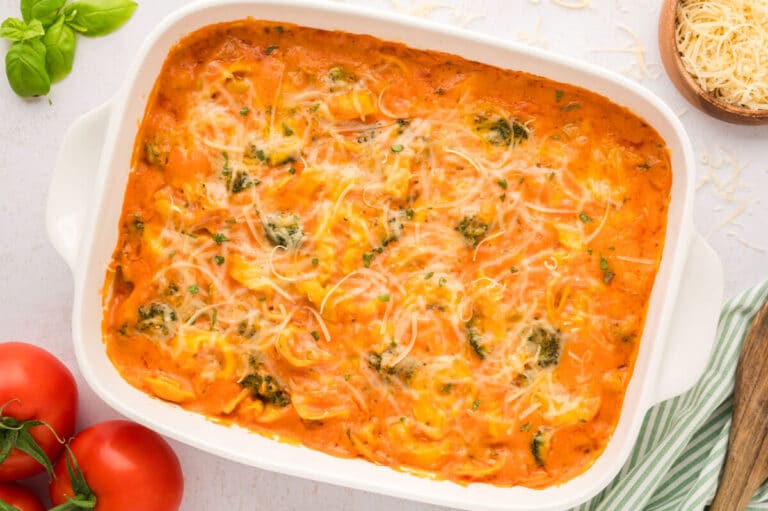 The recipe in a white casserole dish.
