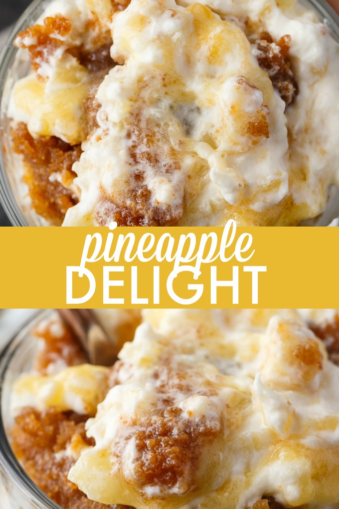 Pineapple Delight - Filled with the sweet flavors of toffee and pineapple in a creamy topping. This dessert may not be the prettiest, but it sure tastes delicious.