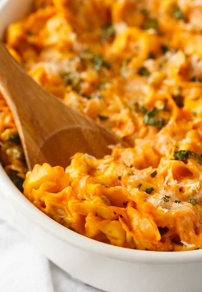 Tortellini Casserole - Hearty and delicious. This easy pasta casserole has beef tortellini smothered in a savory rose sauce, veggies and loads of cheese.