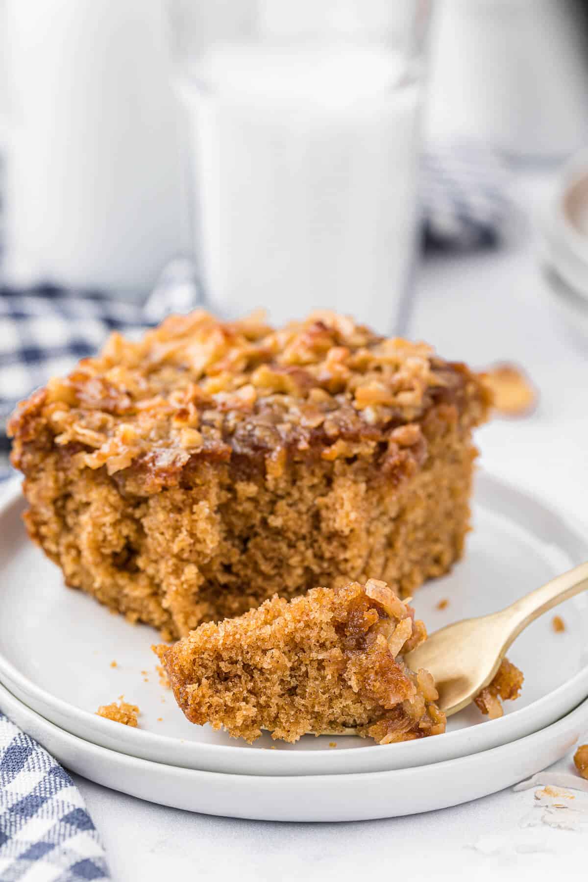 A piece of oatmeal cake on a fork.