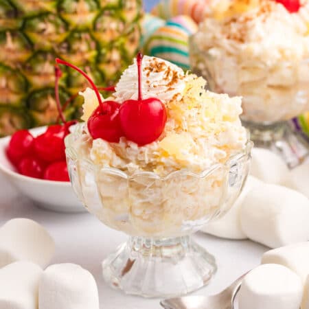 Pineapple rice pudding in a parfait dish.