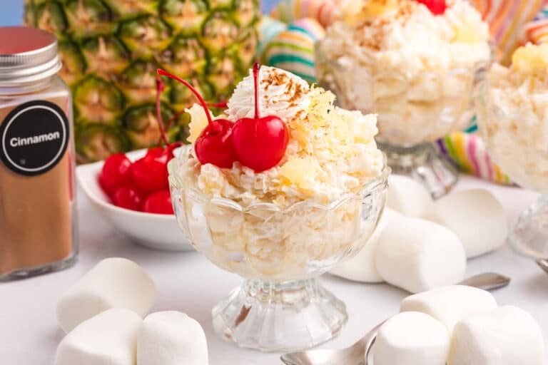 Pineapple rice pudding in a parfait dish.