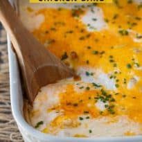 Sour Cream Chicken Bake - Creamy, cheesy comfort food. This easy chicken casserole is smothered in a rich sour cream sauce and loads of cheddar cheese.