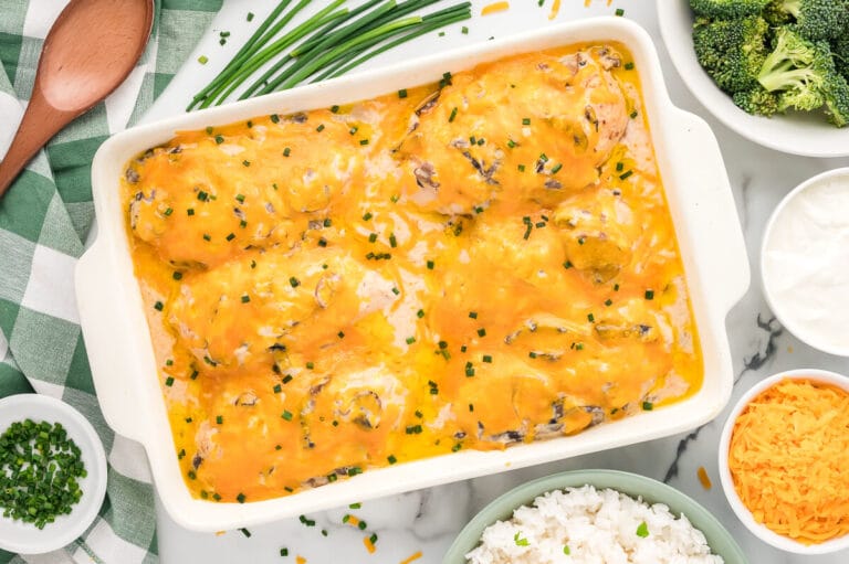 Sour cream chicken bake in a white casserole dish.