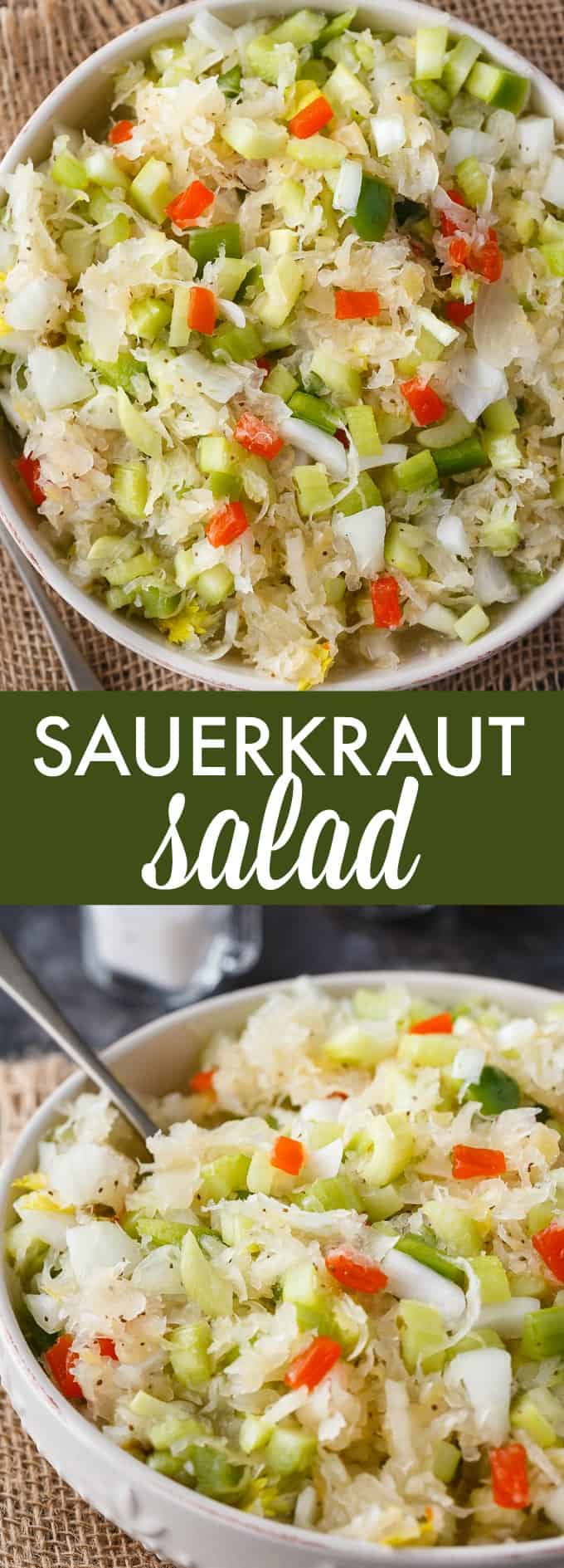 Sauerkraut Salad - Tangy and sweet! This delicious salad recipe has crisp veggies, sauerkraut tossed in a sweet dressing. Delish!