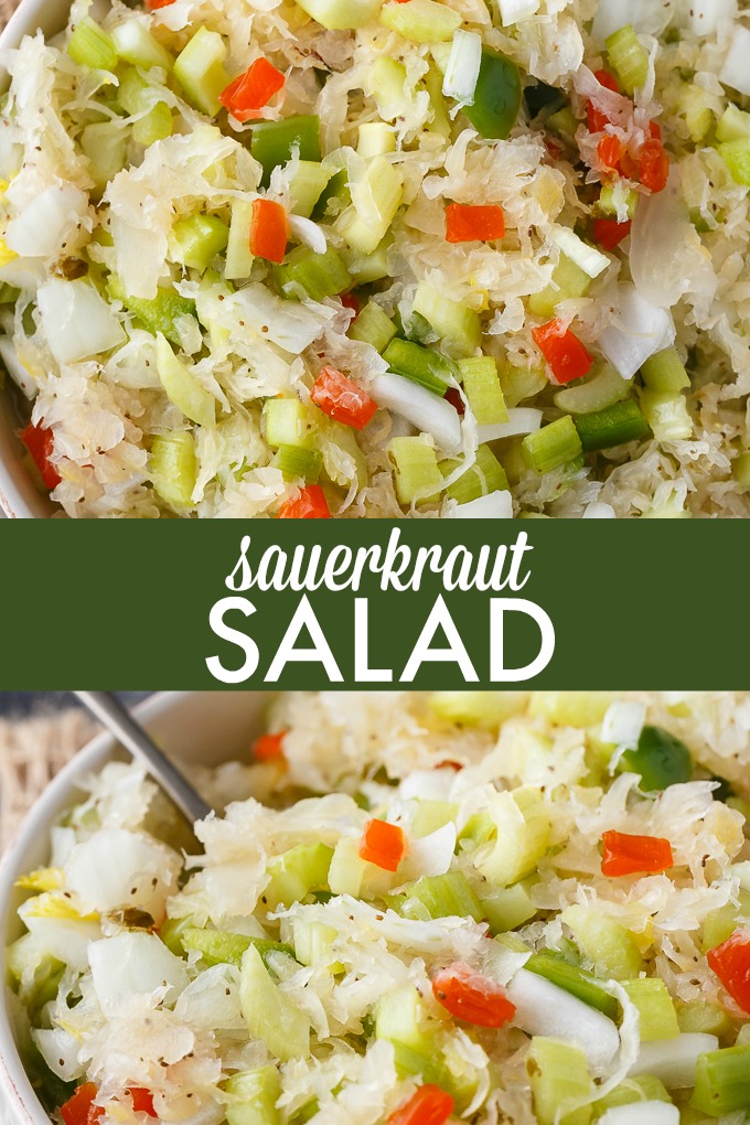 Sauerkraut Salad - Tangy and sweet! This delicious salad recipe has crisp veggies, sauerkraut tossed in a sweet dressing. Delish!