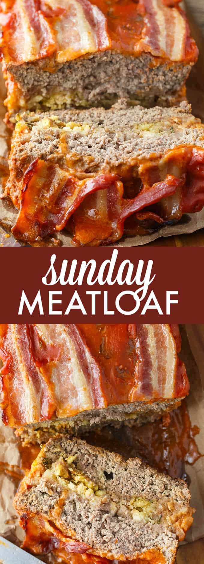 Sunday Meatloaf - A delicious family recipe! This easy meatloaf has a flavorful stuffing filling and is topped with a mouthwatering tomato sauce and bacon.