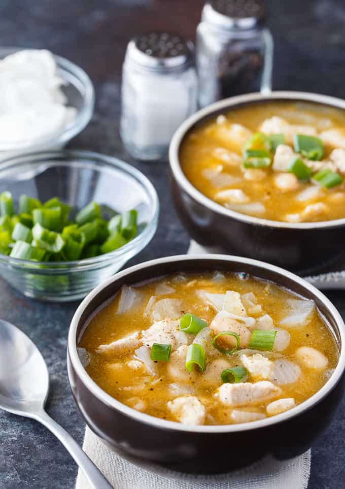 White Chicken Chili - Healthy and delicious! This simple white chili recipe is filled with tender morsels of chicken, white kidney beans and spices.