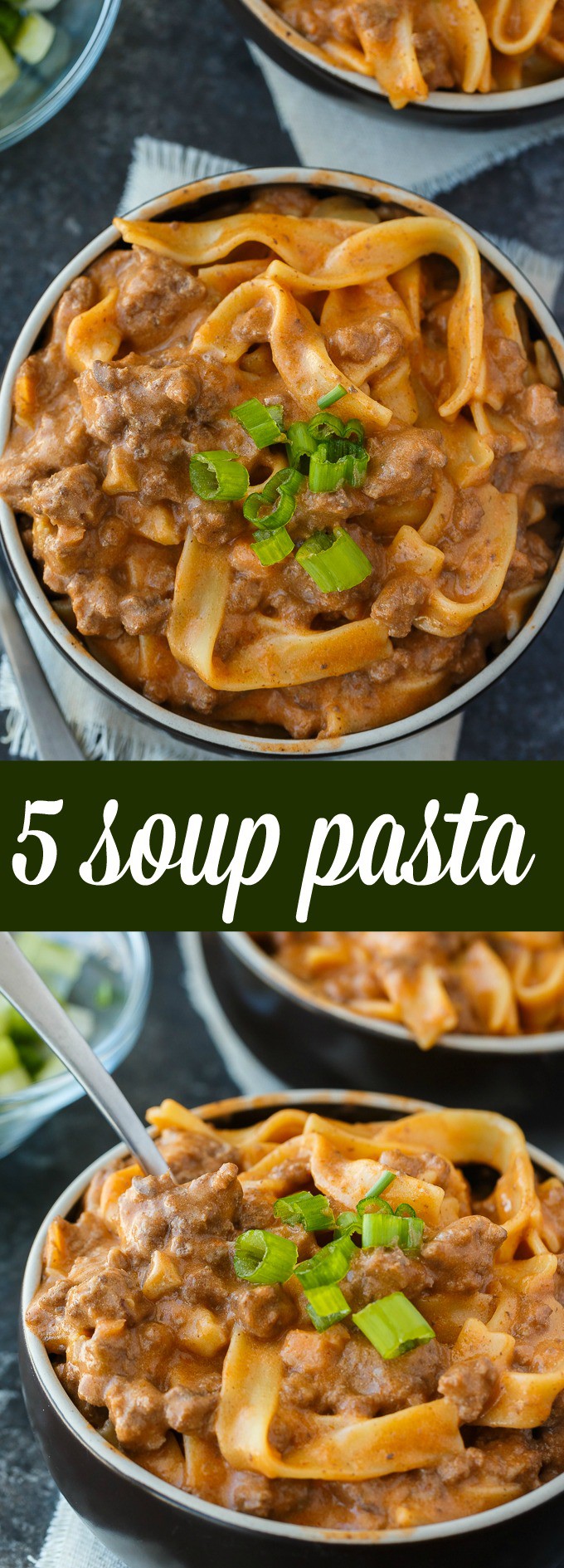 5 Soup Pasta - An easy dinner for your family that uses 5 cans of soup in the mouthwatering sauce. It tastes a little like Hamburger Helper.