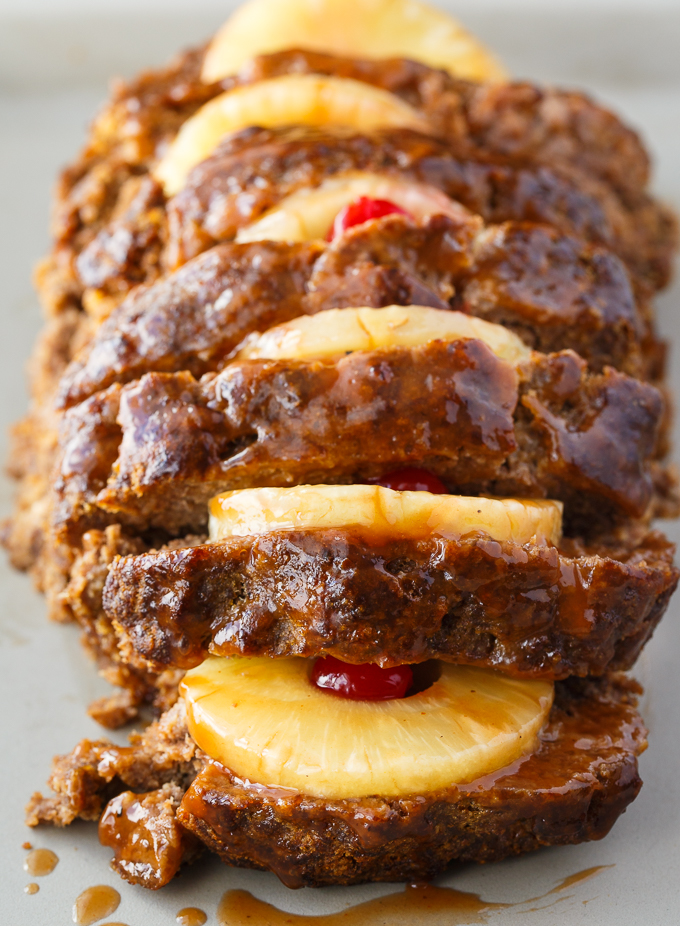 Caribbean Meatloaf - Comfort food recipe with a twist! Top this traditional ground beef and pork dish with pineapples and sweet cherries.